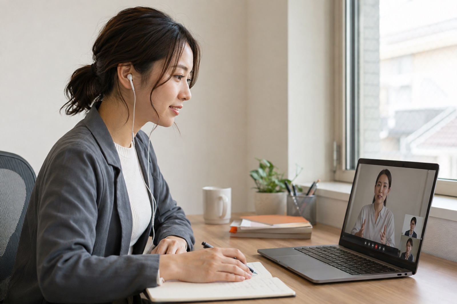 自然光の入る席で、講師と参加者が映る双方向オンライン研修を受けノートを取る場面